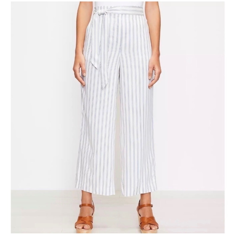 Loft Womens White Blue Striped Wide Leg Crop Pants Paperbag Waist Tie Belt S